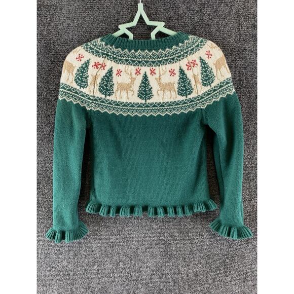 Tahari Girls Sweater Christmas Holiday Fair Isle Ruffle Green Sz 5/6 Reduced 4 - Picture 8 of 10
